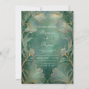 Convite Art Nouveau Esmeralda Verde Ouro Folha de Ginkgo C