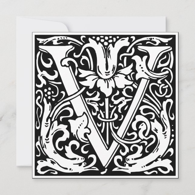 Convite Art Nouveau Floral Alphabet Monograma - Letra V (Frente)