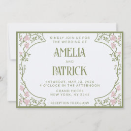 Convite Art Nouveau Floral Casamento Verde e Rosa