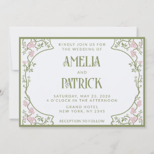Convite Art Nouveau Floral Casamento Verde e Rosa