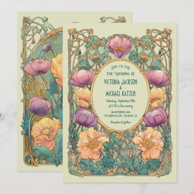 Convite Art Nouveau Floral Wedding Invitation (Frente/Verso)