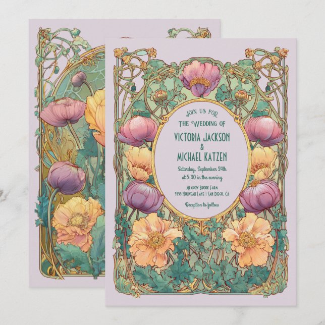 Convite Art Nouveau Floral Wedding Invitation (Frente/Verso)