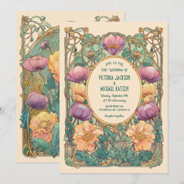 Convite Art Nouveau Floral Wedding Invitation (Frente/Verso)