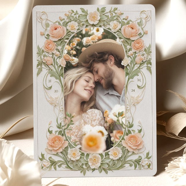 Convite Art Nouveau Foto Casamento Peach Ranunculus (Criador carregado)