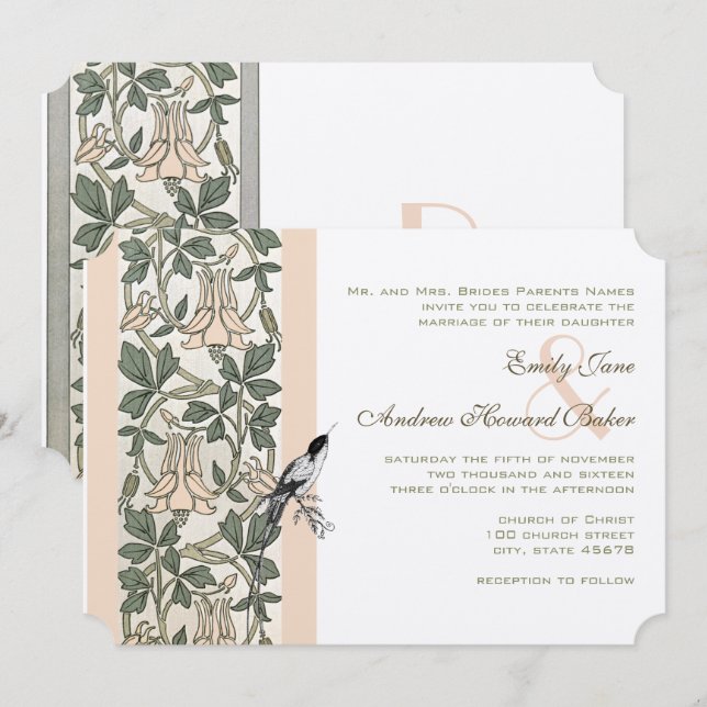 Convite Art Nouveau HoneySuckle Hummingbird Wedding (Frente/Verso)