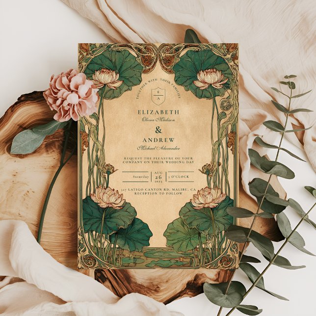 Convite Art Nouveau Lotus Floral Wedding (Criador carregado)