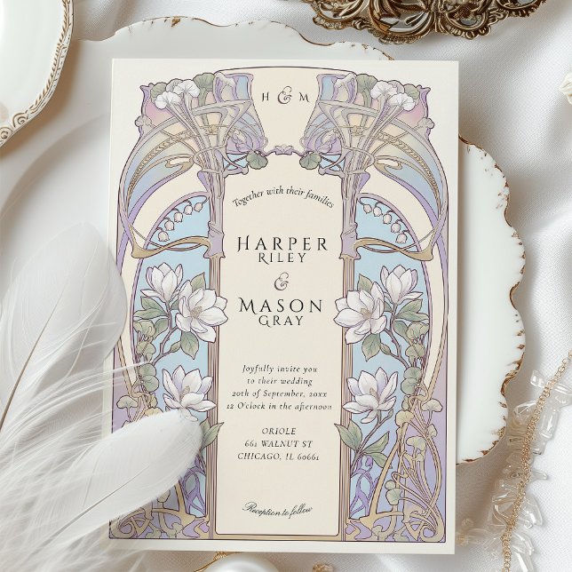Convite Art Nouveau Magnolia Floral Wedding and Details (Criador carregado)