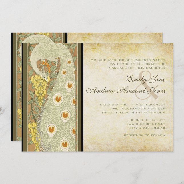 Convite Art Nouveau Peacock Love Birds Casamento (Frente/Verso)