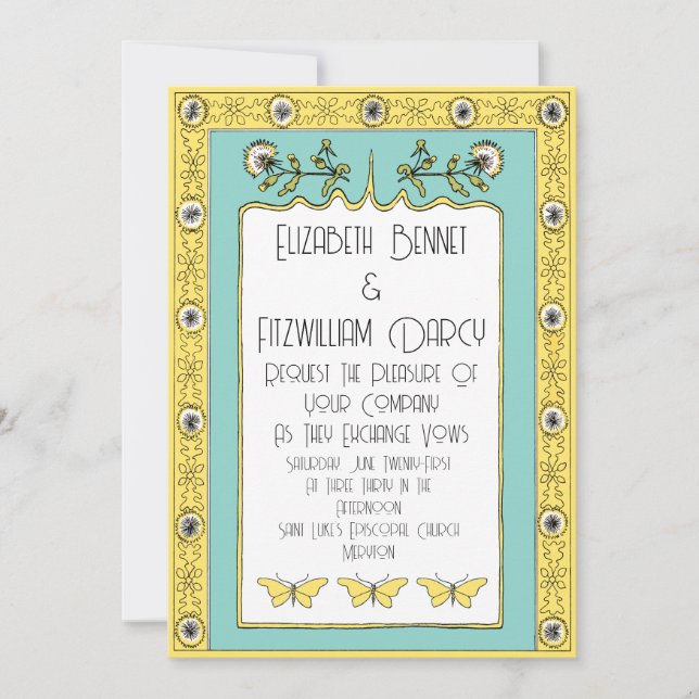 Convite Art Nouveau Primavera Dandelions e Borboletas (Frente)