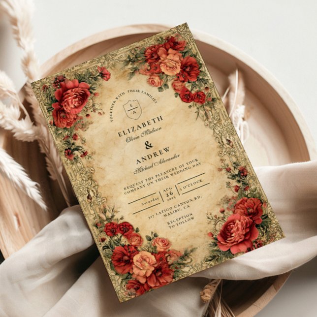 Convite Art Nouveau Rosa vermelha Wedding (Criador carregado)