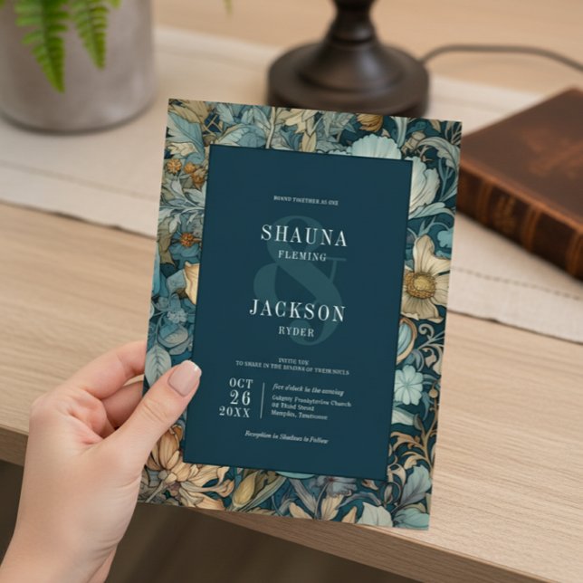 Convite Art Nouveau Teal William Morris Casamento Floral (Criador carregado)