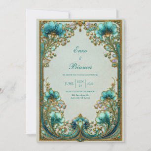 Convite Art Nouveau Turquesa Floral Dourado Casamento