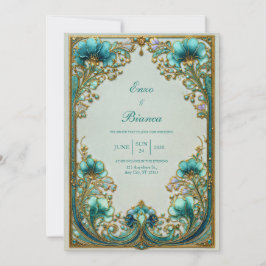 Convite Art Nouveau Turquoise Floral Gilded Wedding