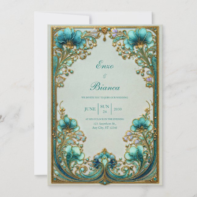 Convite Art Nouveau Turquoise Floral Gilded Wedding (Frente)