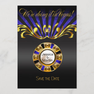 Convite Art Nouveau Vegas Salve a Data   dourado azul