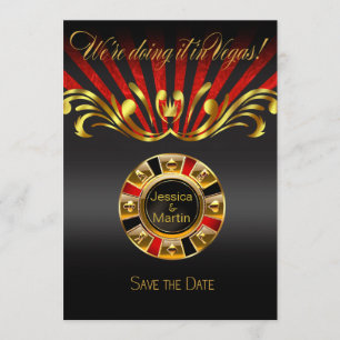 Convite Art Nouveau Vegas Salve a Data   dourado vermelho
