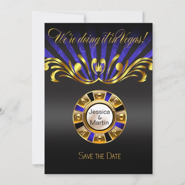 Convite Art Nouveau Vegas Save the Date | dourado azul (Frente)