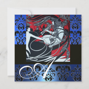 CONVITE ART NOUVEAU VERMELHO PRETO AZUL BRANCO DAMASCO MON