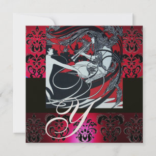 CONVITE ART NOUVEAU VERMELHO PRETO OURO DAMASCO MONOGRAMA,