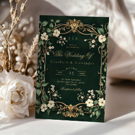 Convite Art Nouveau Vintage Floral Green and gold Wedding