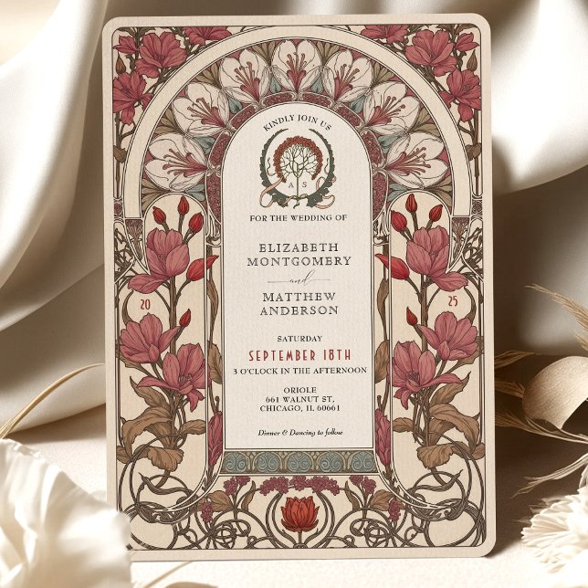 Convite Art Nouveau Wedding Burgundy e Ivory Florals (Criador carregado)