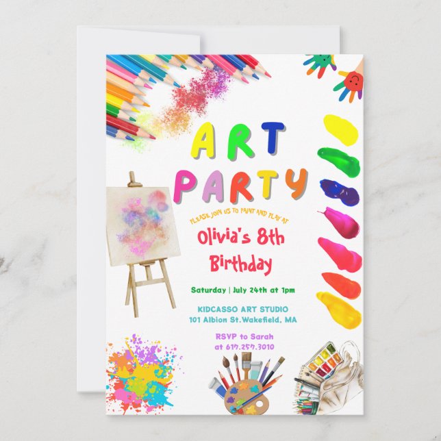 Convite Art Party Birthday Colorful Rainbow Paint (Frente)