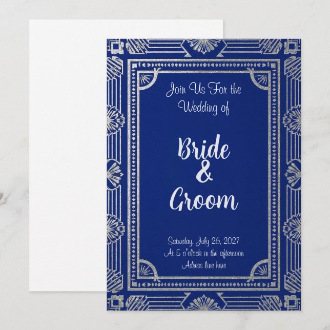 Convite ArtDeco estilo Gatsby–Azul Marinho e Metal (Frente/Verso)