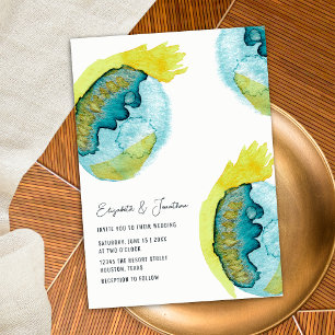 Convite Arte abstrata aquarela azul amarela Casamento únic
