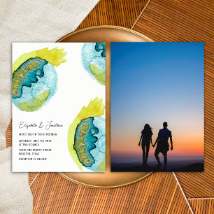 Convite Arte Abstrata em Aquarela Azul Foto Única Casament