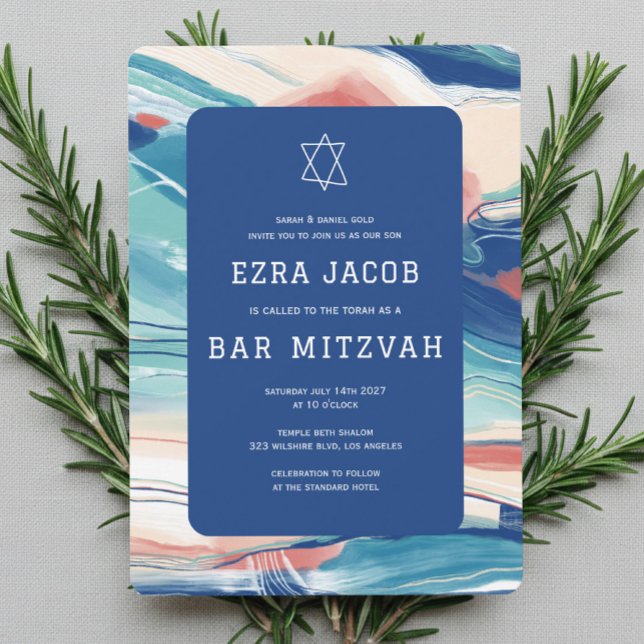 Convite Arte abstrata Estrela de David Barra personalizada (Abstract Handmade Art Star of David Custom Bar Bat Mitzvah Invitation
)