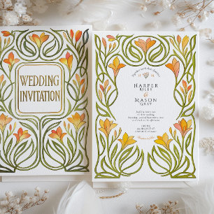 Convite Arte Artística Nouveau Orange Lily Casamento