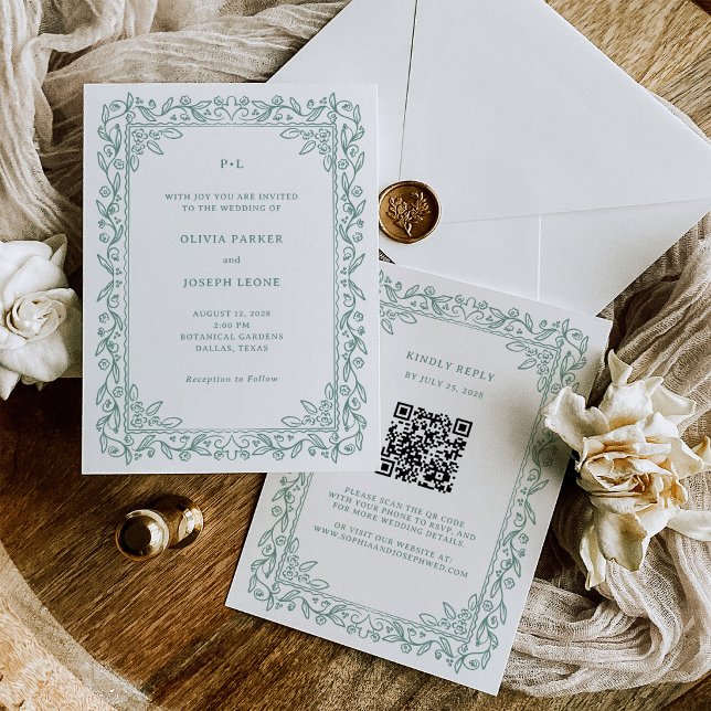 Convite Arte Botânica em Linhas | Casamento com QR Code em (Criador carregado)