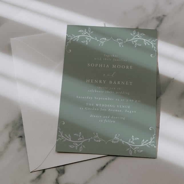 Convite Arte Botânica Linear Elegante Casamento Sage (Criador carregado)