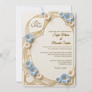 Convite Arte Caprichosa Art Nouveau Azul Pastel & Dourado