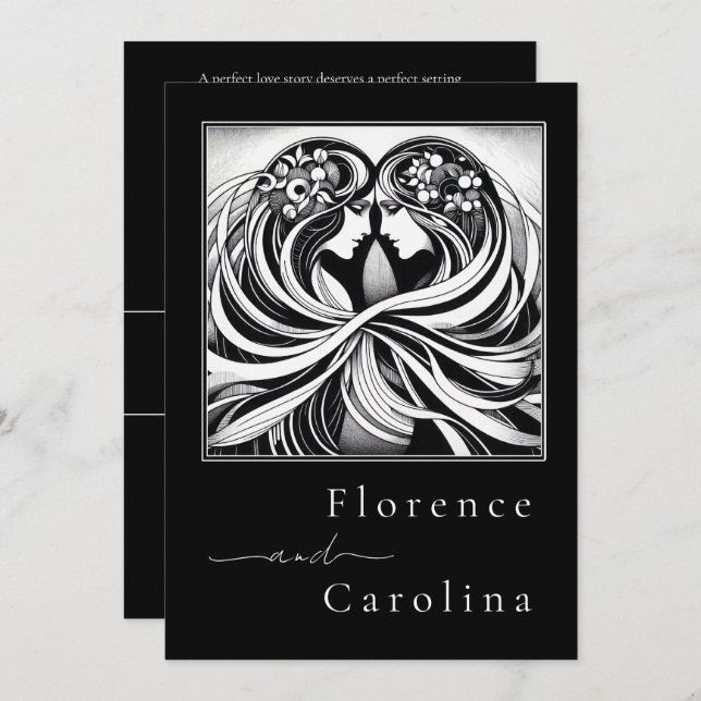 Convite Arte Clássica Moderna Deco Casamento Preto e Branc (Frente/Verso)