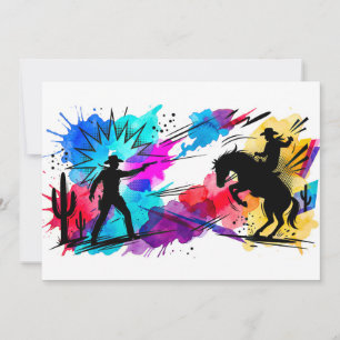Convite Arte Colorida em Aquarela de Cowboys do Faroeste