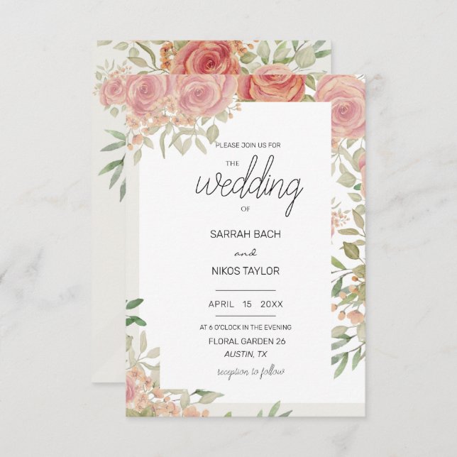 Convite Arte de aquarela rosas rosa-reluzente (Frente/Verso)