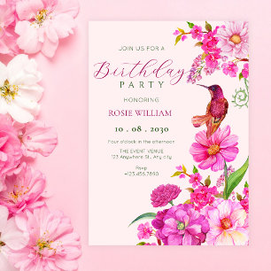 Convite Arte de beija-flor de aniversário de flor rosa