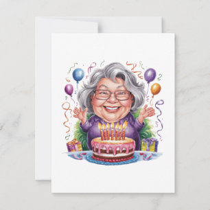 Convite Arte de Bolo de Aniversário de Senhora Idosa Anima