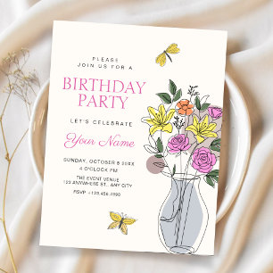 Convite Arte de buquê de flores minimalista de aniversário