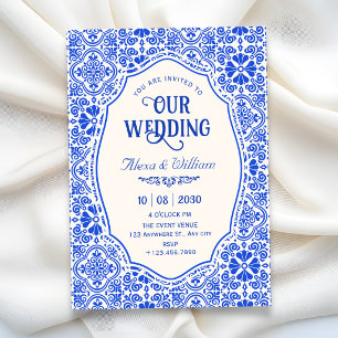 Convite arte de casamento com padrão de azulejo azul
