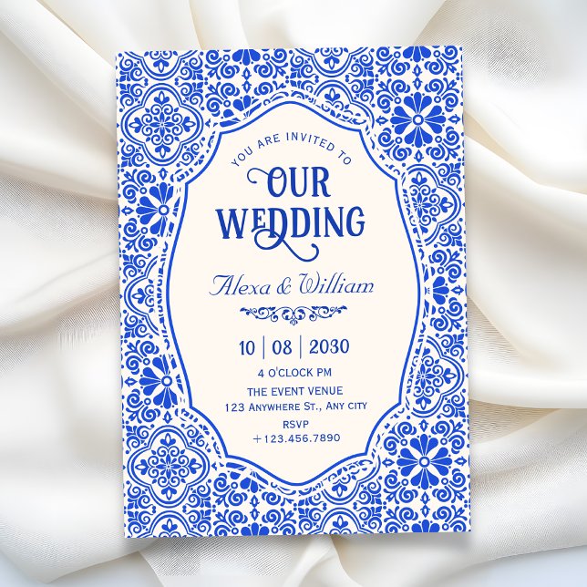 Convite arte de casamento com padrão de azulejo azul (Criador carregado)