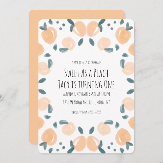 Convite Arte de Festa de aniversário de Pêssego de Aquarel (Frente/Verso)