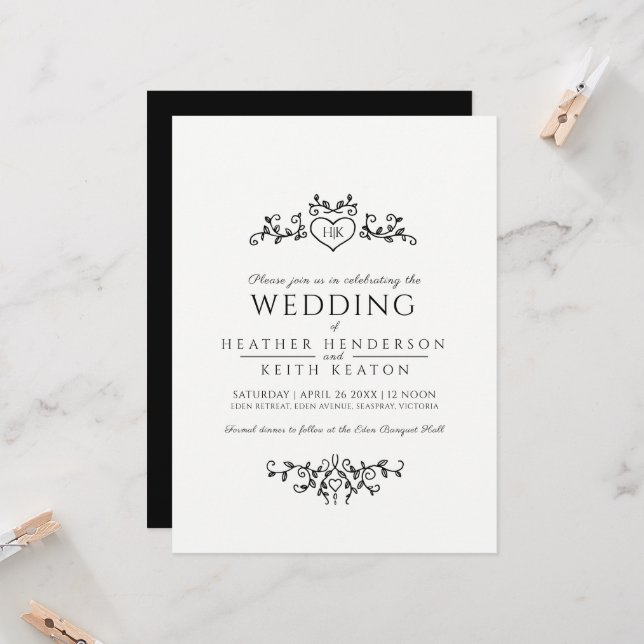 Convite Arte de folha coração monograma mono casamento (Frente/Verso In Situ)