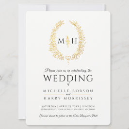 Convite Arte de folha oval casamento preto e ouro em branc