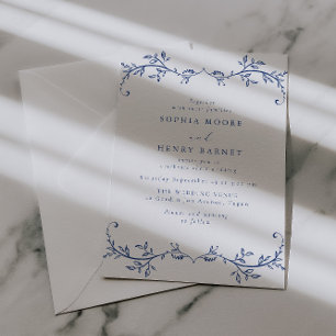Convite Arte de Linha Azul Botânica Elegante Casamento