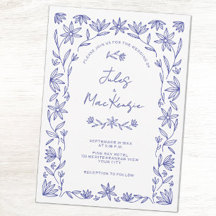 Convite Arte de Linha de Casamento de Flor Silvestre Azul 