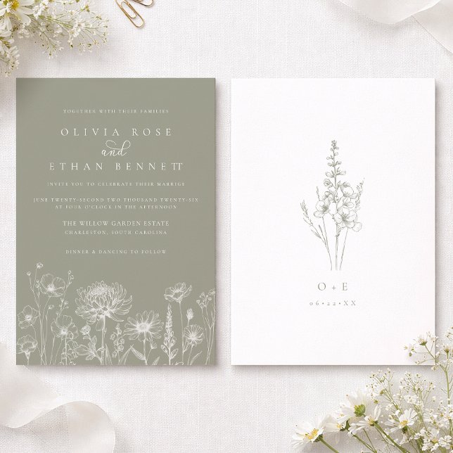 Convite Arte de Linha de Flores Silvestres em Verde Salvia (Sage Green Wedding Invite Front & Back)