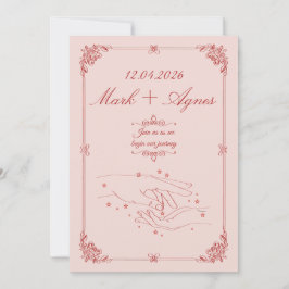Convite Arte de Linha de Mãos de Casamento Rosa Vermelho E