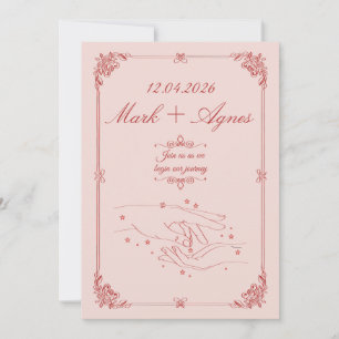 Convite Arte de Linha de Mãos de Casamento Rosa Vermelho E